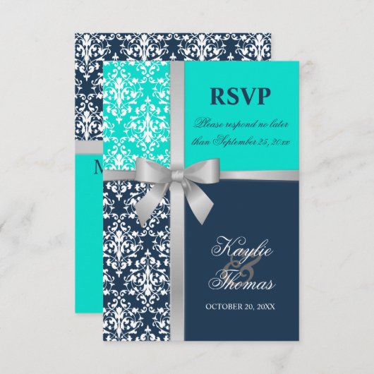 ダマスコシルバフェイクーリボン海軍ウェディングRSVP 出欠カード (正面/裏面)