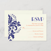 ダマスコネイビーブルー，コーラルウェディングRSVP返信カード 出欠カード (正面/裏面)