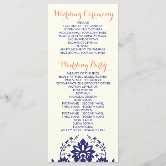 ダマスコネイビーブルー，サンゴアイボリー結婚式プログラム プログラム (裏面)
