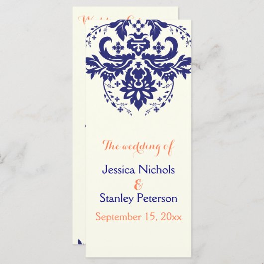 ダマスコネイビーブルー，サンゴアイボリー結婚式プログラム プログラム (正面/裏面)