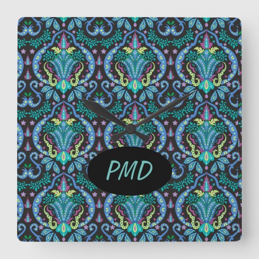 ダマスモダンクアールデコブラックターコイズブルー名 スクエア壁時計 (正面)