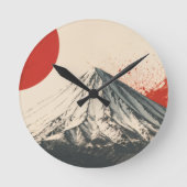 ダマバンド山のミニマリスト壁アート – 赤い太陽の抽象画 ラウンド壁時計 (正面)