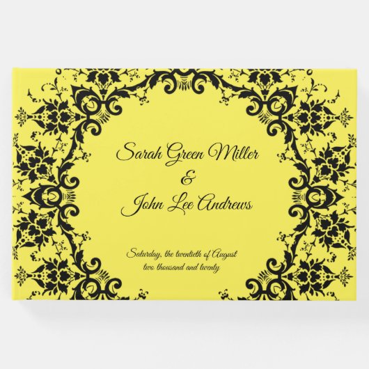 ダマパーソナライズされたスエレガントクフローラ黄結婚色 ゲストブック (正面)