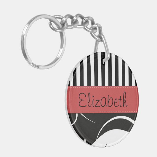 ダマフランスのスクストライプ、黒人と白人、あなたの名前 キーホルダー (正面左)