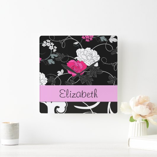 ダマフランスのスク、花、白黒、あなたの名前 スクエア壁時計 (ホーム)