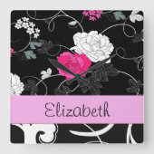 ダマフランスのスク、花、白黒、あなたの名前 スクエア壁時計 (正面)