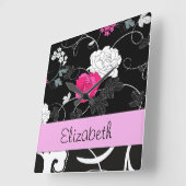 ダマフランスのスク、花、白黒、あなたの名前 スクエア壁時計 (傾斜)