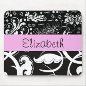 ダマフランスのスク、花、白黒、あなたの名前 マウスパッド (正面)