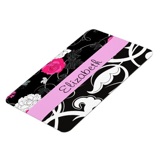 ダマフランスのスク、花、白黒、あなたの名前 マグネット (左側)