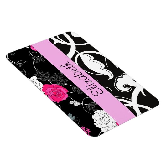 ダマフランスのスク、花、白黒、あなたの名前 マグネット (右側)