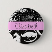 ダマフランスのスク、花、白黒、あなたの名前 缶バッジ (正面)