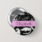 ダマフランスのスク、花、白黒、あなたの名前 缶バッジ (正面&裏面)