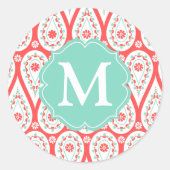 ダマモダンスクエレガントコーラルペイズリーパーソナライズされた ラウンドシール (正面)