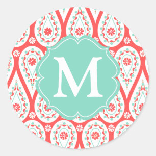 ダマモダンスクエレガントコーラルペイズリーパーソナライズされた ラウンドシール
