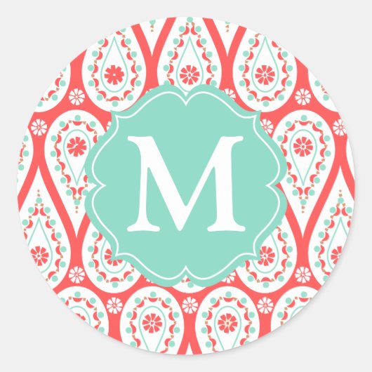 ダマモダンスクエレガントコーラルペイズリーパーソナライズされた ラウンドシール (正面)