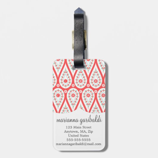 ダマモダンスクエレガントコーラルペイズリーパーソナライズされた ラゲッジタグ (裏面縦)