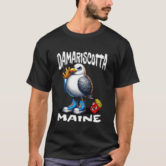 ダマリスクッタ缶メーン州 面白いカモメ フレンチフライ お土産 Tシャツ (正面)