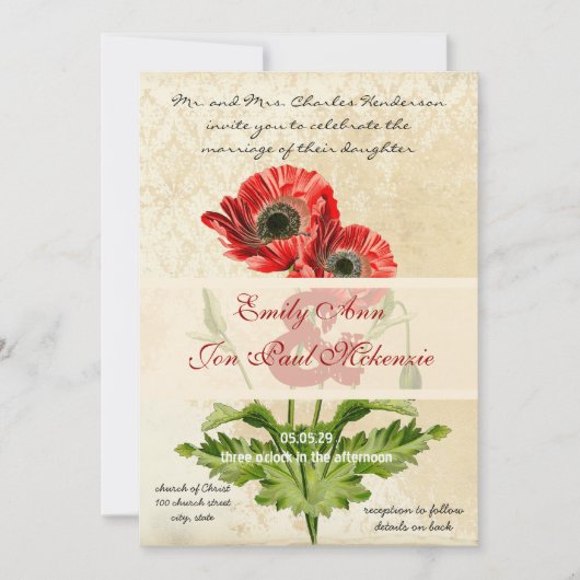 ダマ動揺してスク植物性ポピー結婚ズ 招待状 (正面)