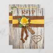 ダミー 麻の布, 木材, 黄色のバラのウェディング返信カード 出欠カード (正面/裏面)