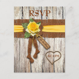 ダミー 麻の布, 木材, 黄色のバラのウェディング返信カード 出欠カード