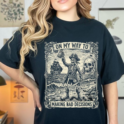 ダメな決断を生み出す道にいる愉快なスケルトン Tシャツ