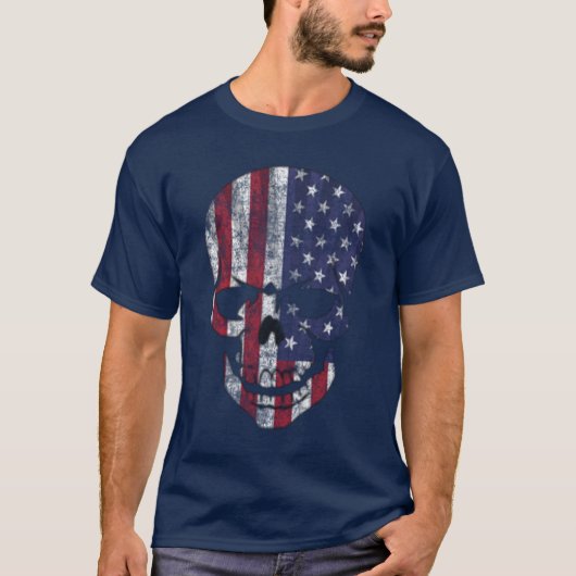 ダメージドクロアメリカ国旗 Tシャツ (正面)