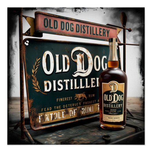 ダメージ加工の看板 広告 OLD DOG RUM 壁アート ポスター (正面)
