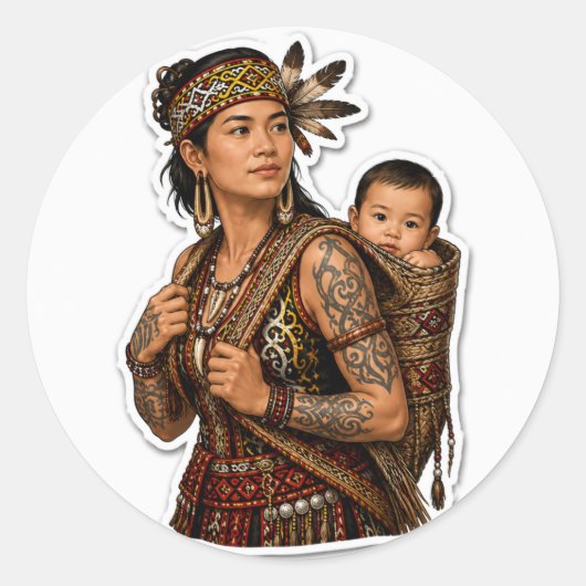 ダヤクの母と子 部族のボルネオアート ラウンドシール (正面)