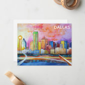 ダラステキサス州ウォーターカラーシティスカイライン ノートカード (正面/裏面インサイチュ)