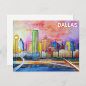 ダラステキサス州ウォーターカラーシティスカイライン ノートカード (正面/裏面)