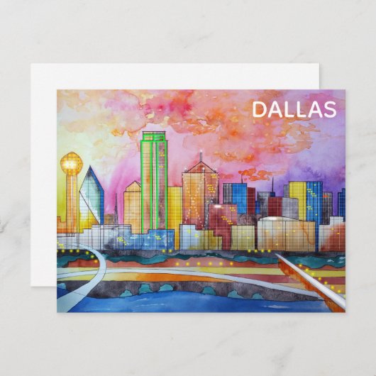 ダラステキサス州ウォーターカラーシティスカイライン ノートカード (正面/裏面)