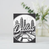 ダラステキサス州スカイラインブラックアンドホワイトシティスケープ シーズンポストカード (スタンド正面)