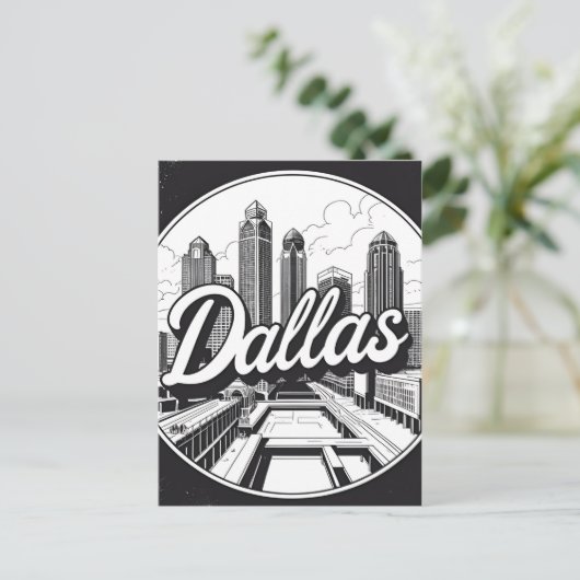 ダラステキサス州スカイラインブラックアンドホワイトシティスケープ シーズンポストカード (スタンド正面)