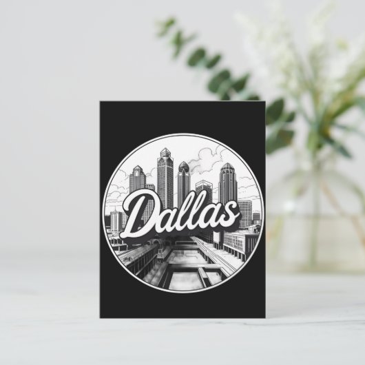 ダラステキサス州スカイラインブラックアンドホワイトシティスケープ ポストカード (スタンド正面)