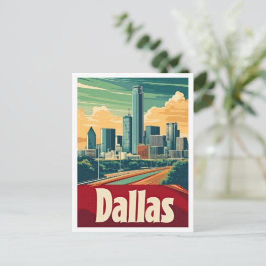 ダラステキサス州USAヴィンテージトラベルイラストレーション ポストカード (スタンド正面)