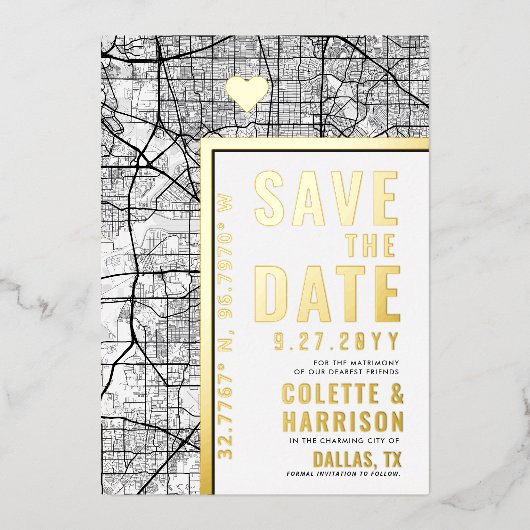 ダラスラブロケーター |結婚式の日付の保存 箔招待状 (正面)