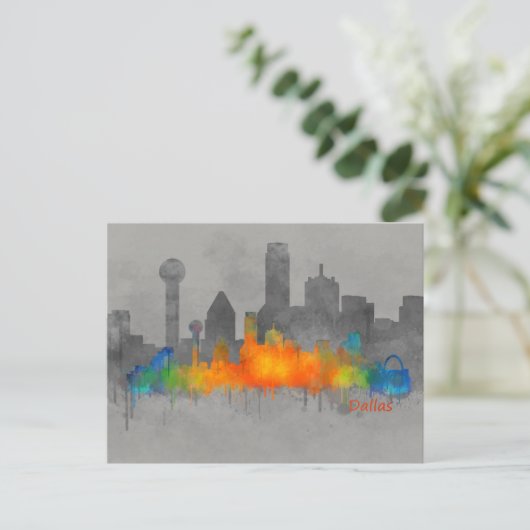 ダラス テキサスシティ 水彩画のスカイライン HQ.アメリカの都市 ポストカード (スタンド正面)
