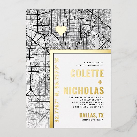 ダラス，テキサス州ラブロケーター |シティテーマ結婚の 箔招待状 (正面)
