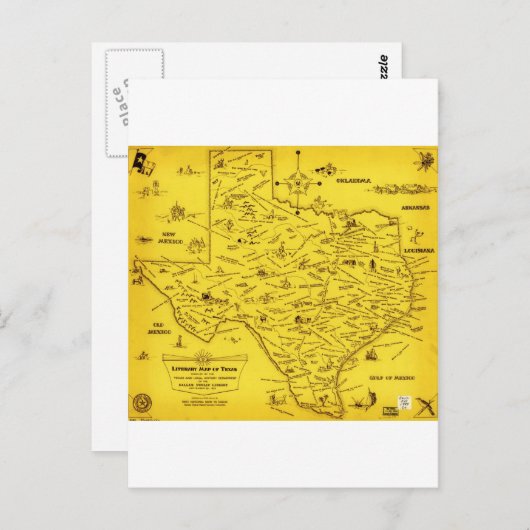ダラス・パブ・リブによるテキサス州の文学地図(1955年) ポストカード (正面/裏面)
