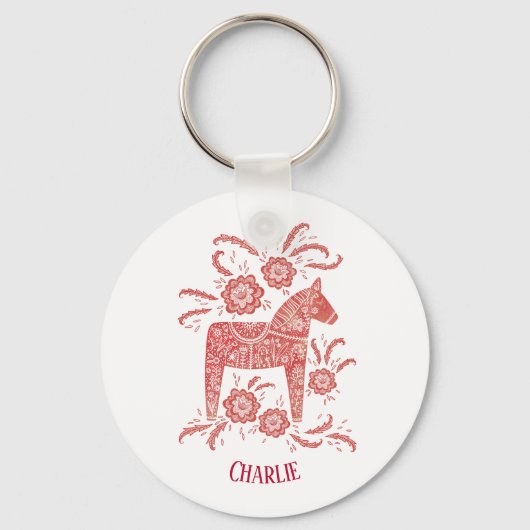 ダラホーススウェーデンフォークアートパーソナライズされた キーホルダー (正面)