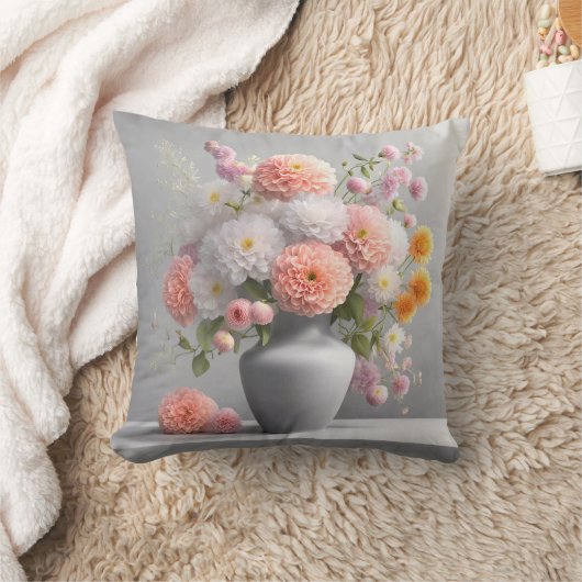 ダリアかわいらしブーケをグレーの花瓶に クッション (ブランケット)