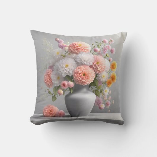 ダリアかわいらしブーケをグレーの花瓶に クッション (正面)