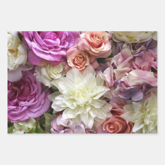 ダリアとバラの花のギフト包装紙 3枚 ラッピングペーパーシート (正面)