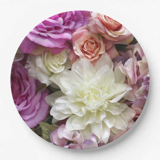 ダリアとバラの花の紙皿 ペーパープレート (正面)