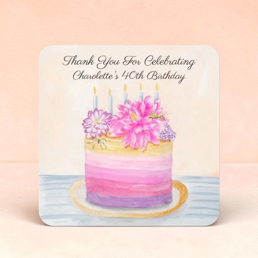 ダリアと庭の昆虫のモチーフが入った40歳の誕生日ケーキ スクエアシール