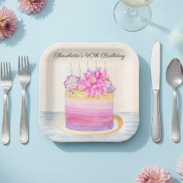ダリアと庭の昆虫のモチーフが可愛い40歳の誕生日ケーキデザイン ペーパープレート