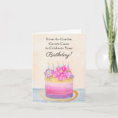 ダリアと庭の昆虫の花の誕生日ケーキ カード (正面)