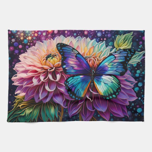 ダリアと虹色の蝶 キッチンタオル (横)