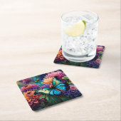 ダリアと虹色の青い緑の蝶 スクエアペーパーコースター (インサイチュ)