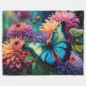 ダリアと虹色の青い緑の蝶 フリースブランケット (正面(横))